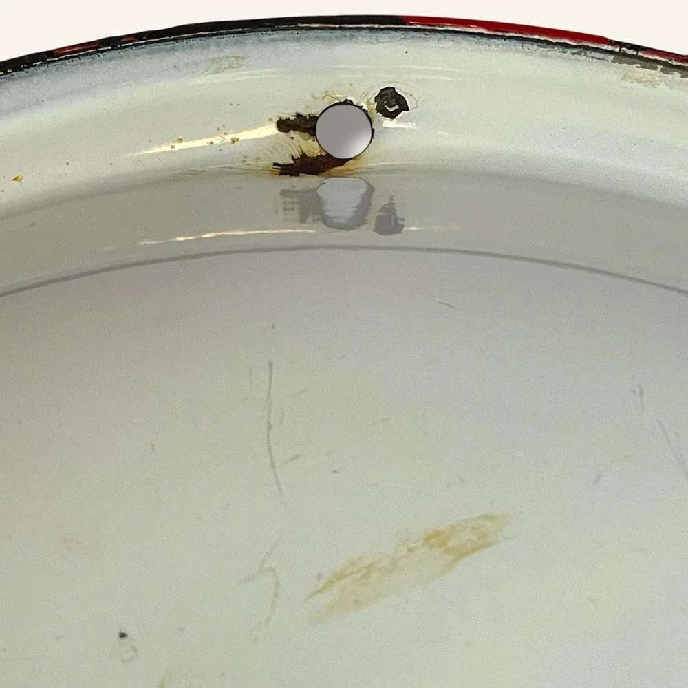 Vintage Enamel Wash Basin White Red Rim Farmhouse Country Primitive 12.5